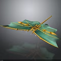 Green Dragonfly Model With Blue Yellow Wing Details Golden Body On White Platform