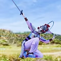 Woman in Purple Traditional Costume with Red Decorated Headdress Holding Sword and Circular Rings