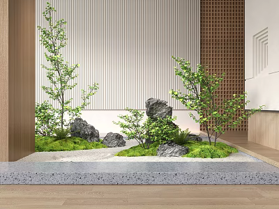 Indoor Landscape Design With Small Trees Stones Moss And Wooden Slat Wall 3d model