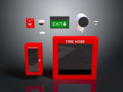 Essential Fire Safety Supplies Including Fire Hose Cabinet Extinguisher Exit Sign And Smoke Detector 3d model