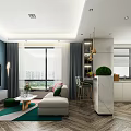 Modern Living Room With Large Window City View Sofa Cushions Coffee Table And Green Rug