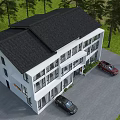 Modern Guesthouse Building With White Exterior Large Glass Windows Green Lawn And Mountain View