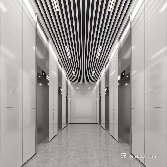 Modern Sleek Elevator Hallway Interior Design With Striped Ceiling And Recessed Lighting 3d model