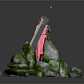 Female Character Standing In Pink Dress With Large Sword By Mossy Rocks