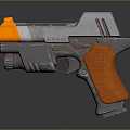 Futuristic Sci-Fi Handgun With Weathered Silver Gray Body Orange Grip And Red Lens