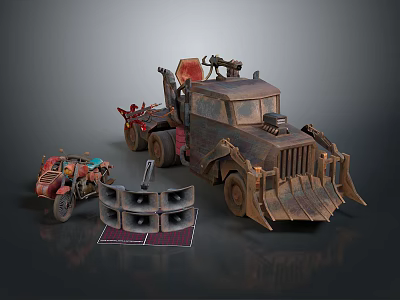 Old Rusty Bulldozer Truck With Small Motorcycle Speakers And Red Mats 3d model