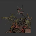 Whimsical Fantasy Scene Sculpture With Deer Figure Twisted Branches Green Foliage Moss And Wooden Base