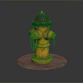 Yellow Fire Hydrant With Green Top And Chains On Round Stone Base