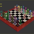 Classic Wooden Chessboard With Red Frame And Black White Chess Pieces