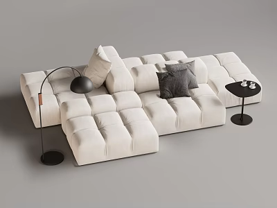 Beige Modular Sectional Sofa With Gray Throw Pillows Black Floor Lamp And Small Side Table 3d model