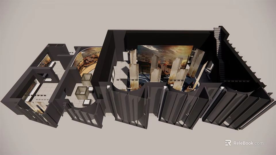 Architectural Interior Section View 3D Model With Curved Structures And Multi Level Spaces 3d model