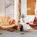 Modern Elegant Orange Leather Diamond Tufted Leisure Chair With Floor Lamp And Marble Wall Art