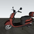 Red Electric Scooter Parked On Urban Plaza With City Buildings And Green Trees