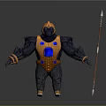 Fantasy Warrior Character Wearing Gold Blue Armor Holding Long Spear Weapon