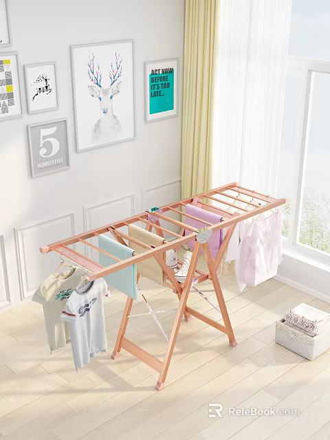 Wooden Foldable Clothes Drying Rack with Hanging T Shirts in Bright Indoor Room 3d model 