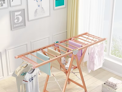 Wooden Foldable Clothes Drying Rack with Hanging T Shirts in Bright Indoor Room 3d model