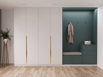 White Shoe Cabinet With Gold Handles Green Wall Hooks Coat Padded Bench Plant Wooden Floor 3d model
