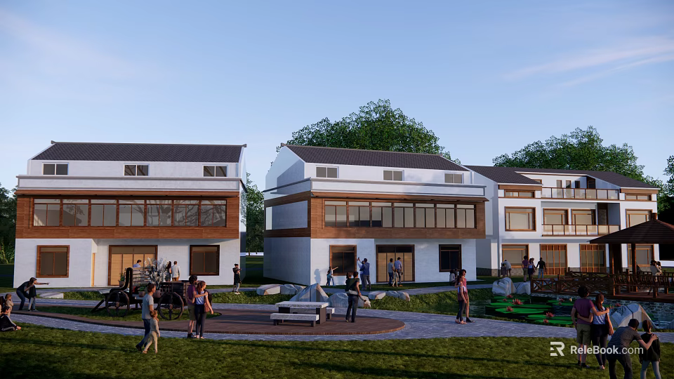Modern Rural Self built House With White Exterior Green Lawn And People Gathering 3d model 