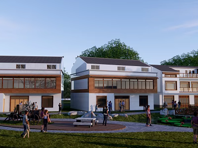 Modern Rural Self built House With White Exterior Green Lawn And People Gathering 3d model