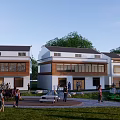 Modern Rural Self built House With White Exterior Green Lawn And People Gathering