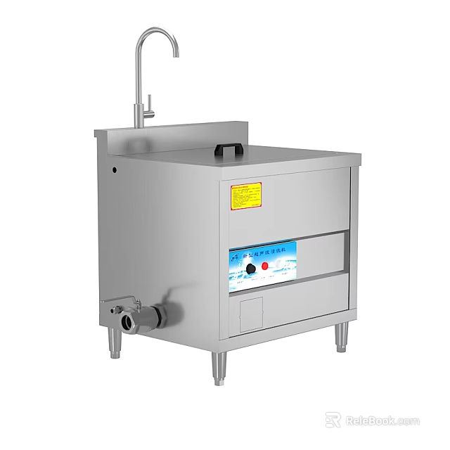 Commercial Stainless Steel Kitchen Equipment With Control Panel Warning Label And Support Legs 3d model 