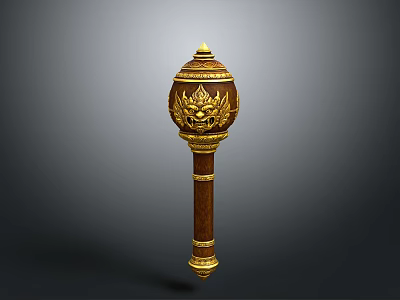 Intricate Brown Sculpture Carving With Golden Top Ornament And Detailed Patterns 3d model