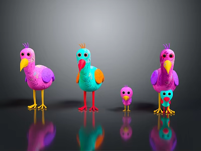 Colorful Cartoon Style Birds In Various Sizes With Bright Colors On Black Reflective Surface 3d model