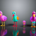 Colorful Cartoon Style Birds In Various Sizes With Bright Colors On Black Reflective Surface