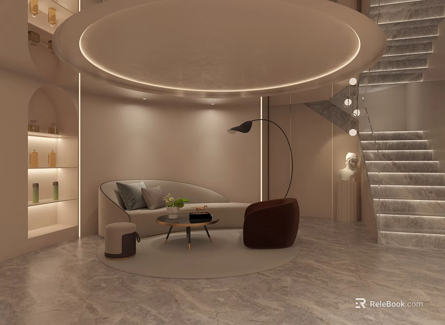 Hotel Lobby Interior With Circular Ceiling Curved Sofa Floor Lamp Marble Floor And Staircase 3d model 