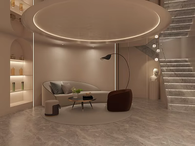 Hotel Lobby Interior With Circular Ceiling Curved Sofa Floor Lamp Marble Floor And Staircase 3d model