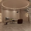 Hotel Lobby Interior With Circular Ceiling Curved Sofa Floor Lamp Marble Floor And Staircase