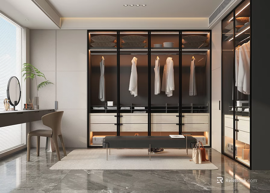 Modern Walk In Closet Interior Design With Wardrobe Bench And Vanity 3d model 