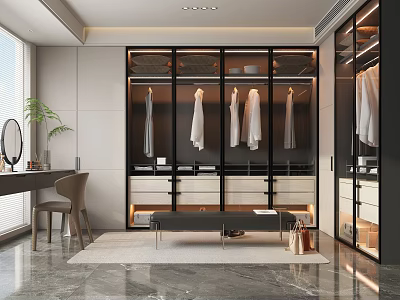 Modern Walk In Closet Interior Design With Wardrobe Bench And Vanity 3d model