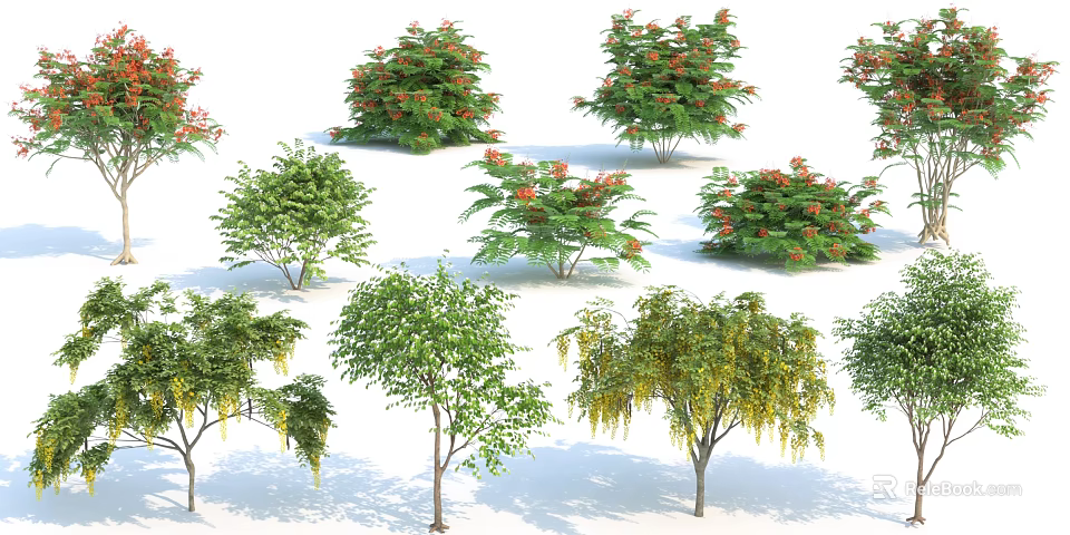 Diverse Ornamental Arbor Trees With Green Leaves Red Blossoms And Hanging Branches 3d model 