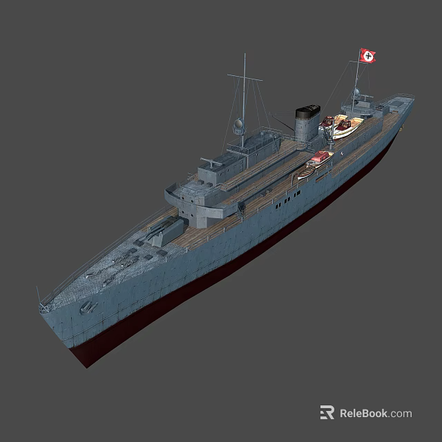 Vintage Warship 3D Model with Turret Smokestack Mast and Detailed Hull Design 3d model 