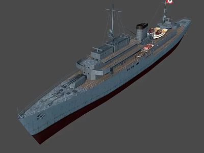 Vintage Warship 3D Model with Turret Smokestack Mast and Detailed Hull Design 3d model
