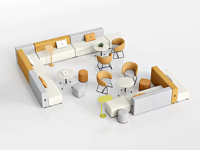 Modular Casual Sofa Set In Gray And Yellow With Round Tables And Chairs 3d model
