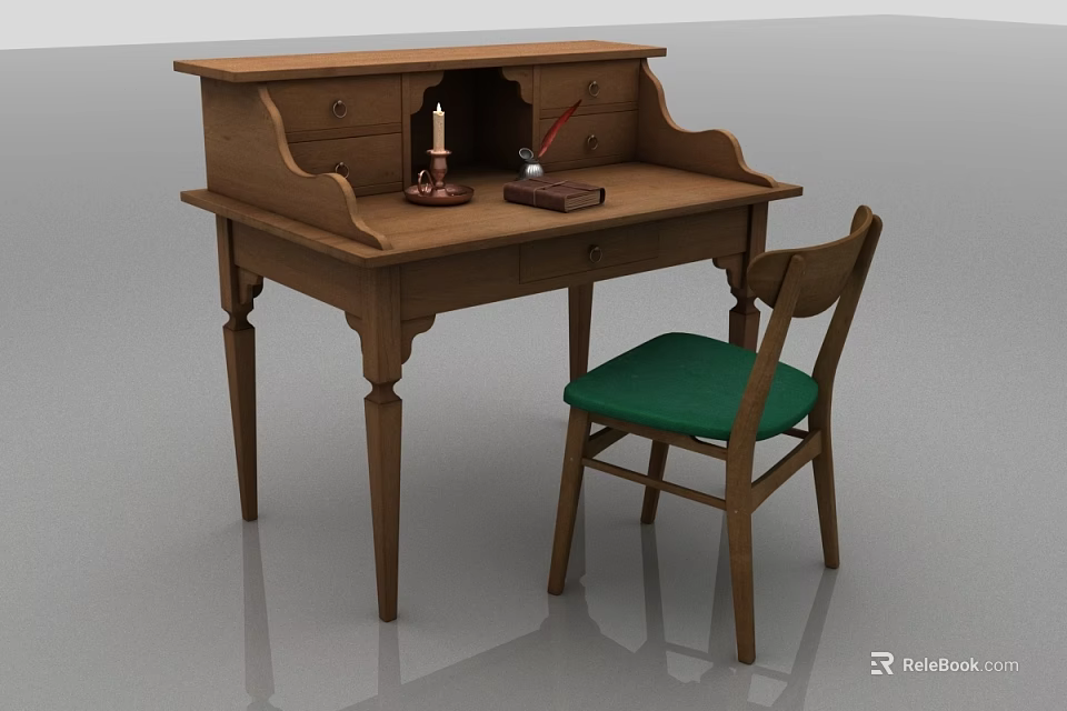 Traditional Wooden Desk with Candle Inkwell Quill and Open Book Plus Green Cushion Chair 3d model 