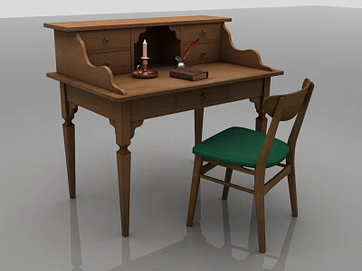 Traditional Wooden Desk with Candle Inkwell Quill and Open Book Plus Green Cushion Chair 3d model
