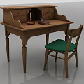 Traditional Wooden Desk with Candle Inkwell Quill and Open Book Plus Green Cushion Chair