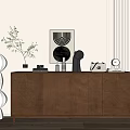 Modern Entryway Console Cabinet With Wooden Design Decorative Sculptures And Wall Art
