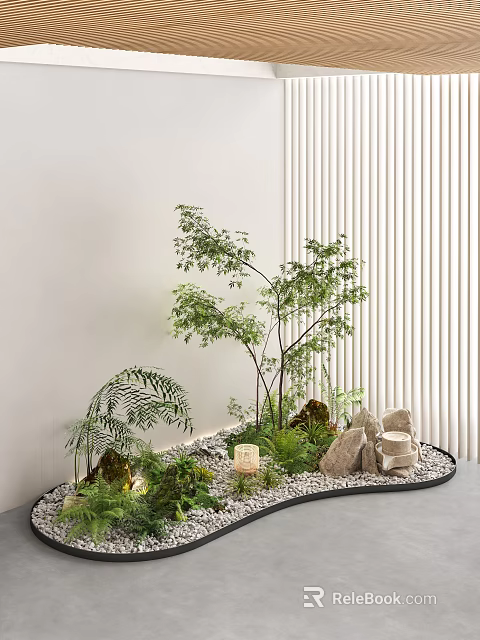 Indoor Landscape With Green Plants Vertical Striped Backdrop And Pebbles Stones Small Lamps 3d model 