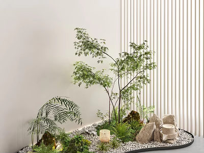 Indoor Landscape With Green Plants Vertical Striped Backdrop And Pebbles Stones Small Lamps 3d model