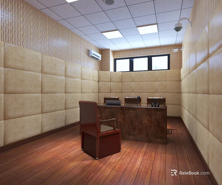 Monitoring Room Interior With Beige Padded Walls Wooden Flooring Dark Desk Chairs And Ceiling Lights 3d model 