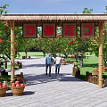Scenic Park Landscape With Stone Archway Fruit Laden Pomegranate Trees And People Walking Along Path