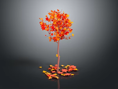 Tree With Orange Red Leaves And Scattered Fallen Leaves On Gray Background 3d model