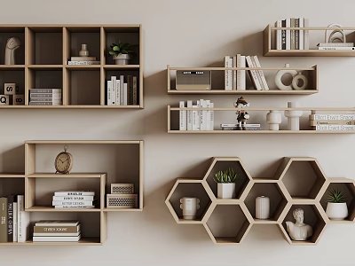 Wooden Wall Mounted Shelving Units with Hexagonal and Lattice Designs for Books Plants Decorative Items 3d model