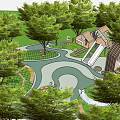 Scenic Park Landscape With Swimming Pool Play Area Trees And Benches