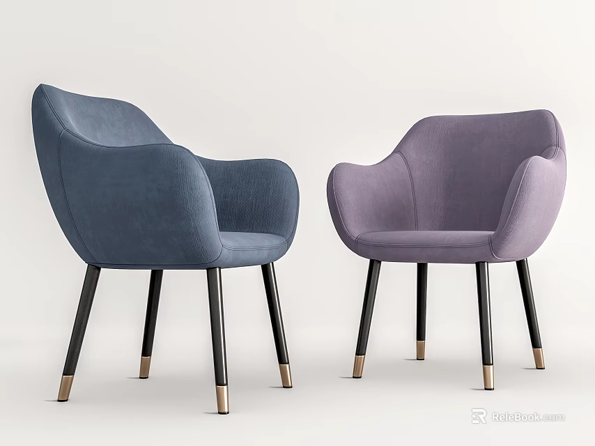 Modern Blue and Purple Upholstered Dining Chairs with Armrest Black Legs Golden Accents 3d model 