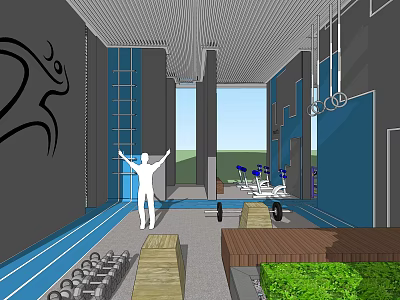 Modern Gym with Gray Walls Black Athletic Mural Blue Track Wooden Platforms and Green Plants 3d model